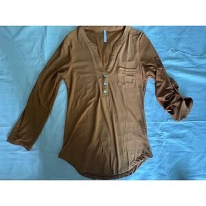 D.N.A. Couture Woman's S Top Brown Plaid V-Neck 3/4 Long Roll Tab Sleeve Blouse
